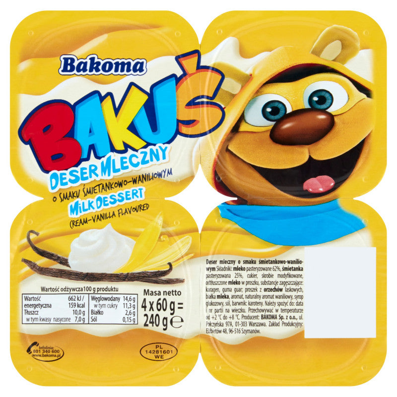 Bakoma Bakuś Deser mleczny o smaku śmietankowo-waniliowym 240 g (4 x 60 g)