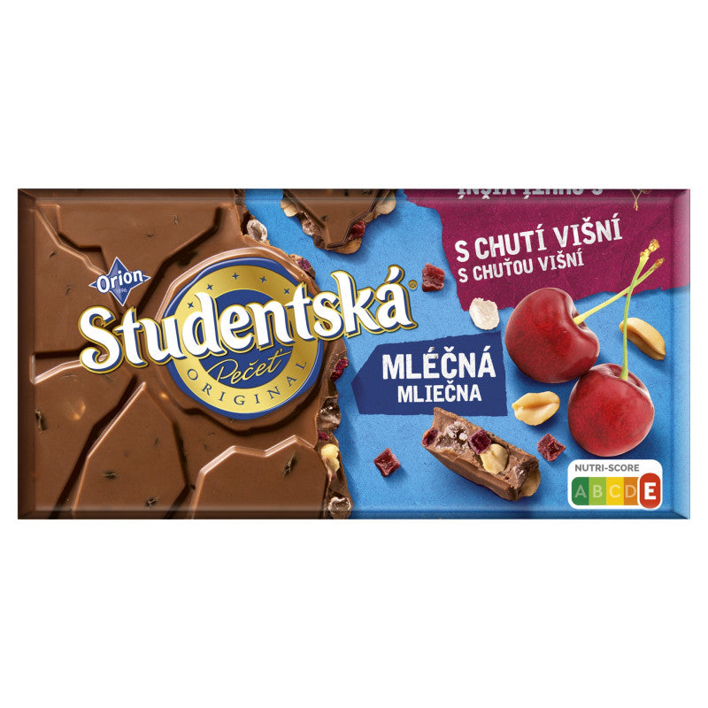 Orion Studentská Czekolada mleczna z orzechami żelkami i kawałkami galaretki wiśniowej 170 g