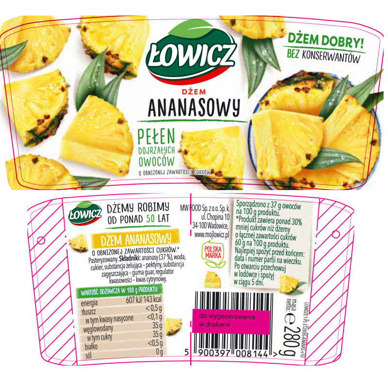 Łowicz Dżem ananasowy o obniżonej zawartości cukrów 280 g